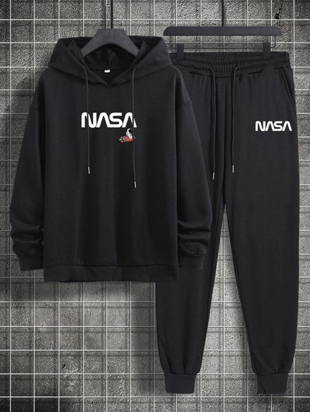 

romwe guys letter astronaut graphic drawstring hoodie & sweatpants x3ox#, Gray