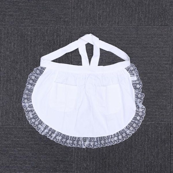 

aprons cotton waist apron lace short with pockets for maid waitress servant (white)