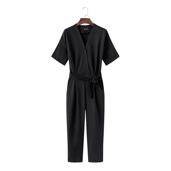 

women's jumpsuits & rompers casual bodycon jumpsuit women vintage solid black bodysuit loose sash short sleeve slim romper long playsui, Black;white