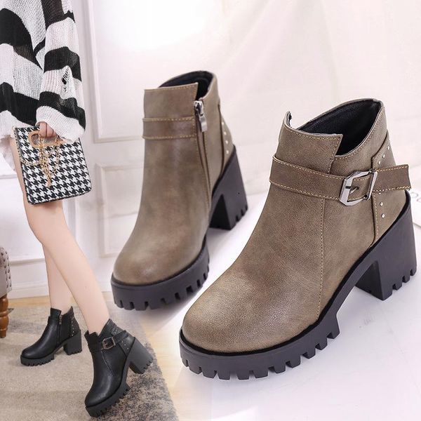 

dress shoes autumn winter retro boots female thick hoof heels women fleeces ladies casual zip 2.5cm pumps platform, Black