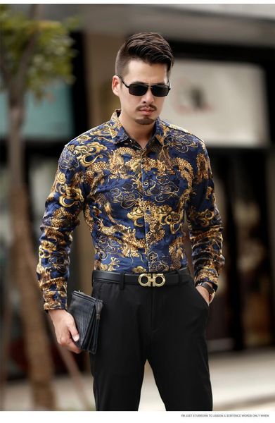 

men's casual shirts winter mens thicken warm dragon tattoo design long sleeve velvet dress shirt black blue silk business, White;black