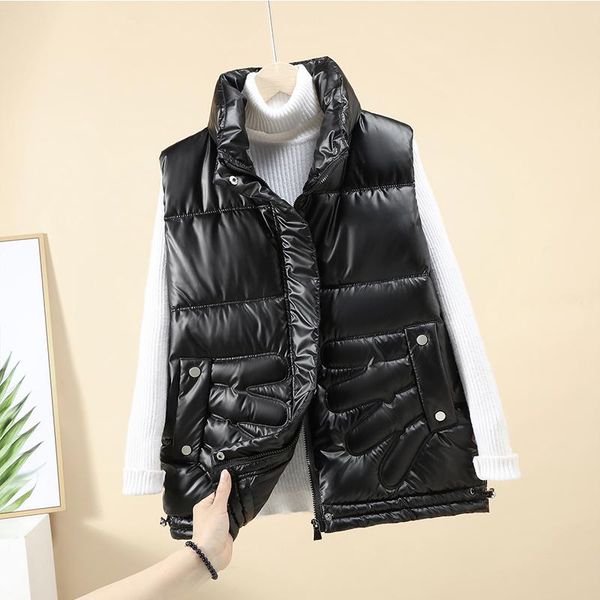 

women's vests yasuguoji shinny winter puffer vest women solid turn down collar zipper quilted ladies sleeveless jacket loose style wais, Black;white