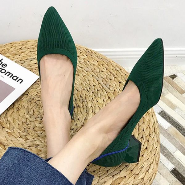 

dress shoes autumn fashion stretchy knit fabric heels pumps pointed toe square printing heel slip lady office casual work, Black