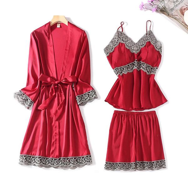 

women's sleepwear -xl women 3pcs lace robe set bride dressing kimono bathrobe gown sling nightgown&shorts summer pajamas suit homewear, Black;red