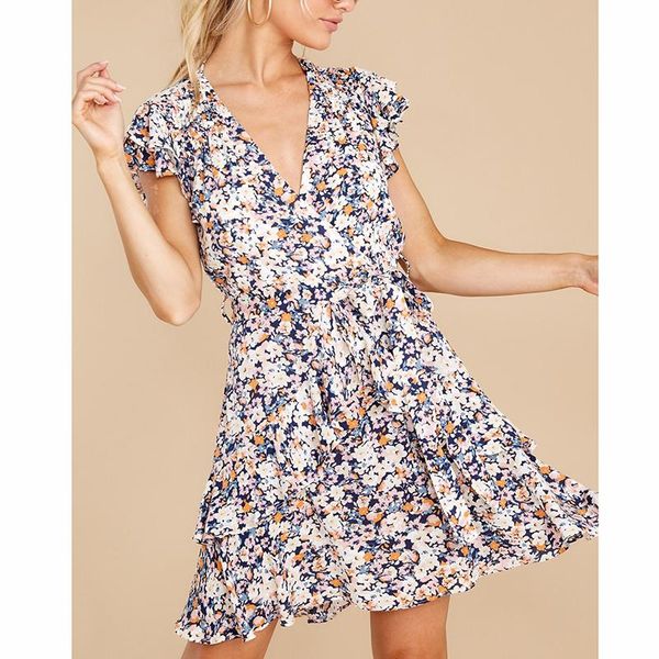 

casual dresses v neck summer women dress 2021 short sleeve floral print high waist a-line elegant party female mini vestidos, Black;gray