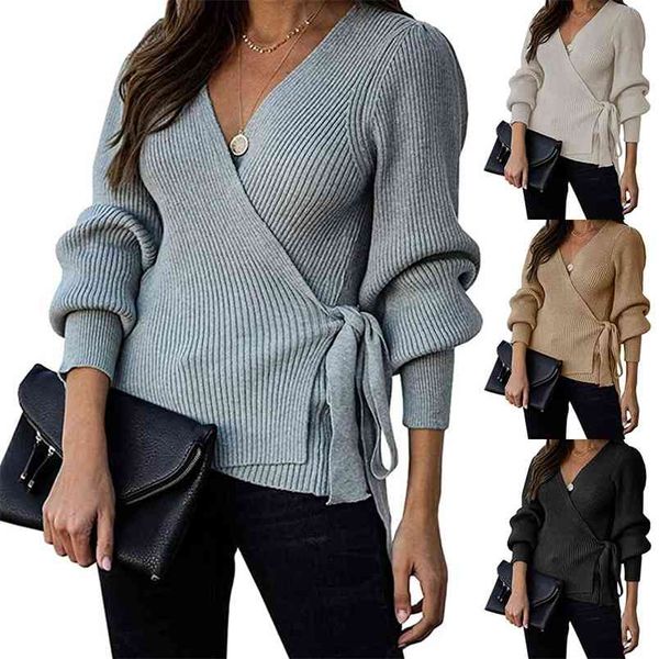 Estilo coreano outono inverno mulher mulher suéteres senhoras com decote em v lanterna lanterna slim ajuste sweater transversal cintura solta preta sueter muver muster mujer 210604