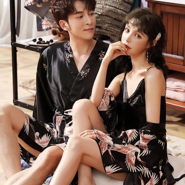 

men's sleepwear night clothes bathrobe kimono sleep shirtsrobe lover couple print summer soft gown sleepshirts homewear, Black;brown