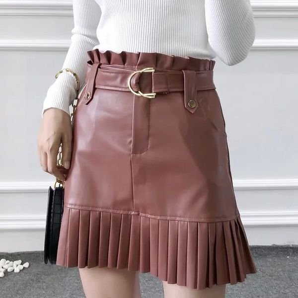 

autumn women fashion burgundy za pu mini skirt female chic high waist with belt pleated s streetwear leather 210421, Black