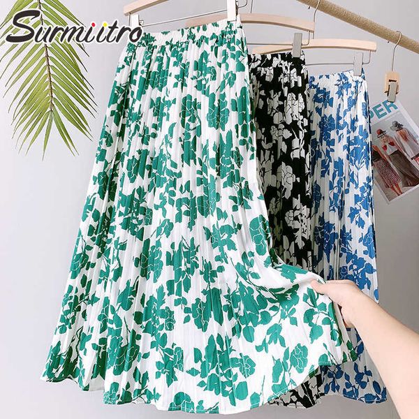 

surmiitro summer midi long pleated skirt women korean style fashion floral print high waist mid-length a line skirt female 210712, Black