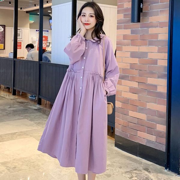 

maternity dresses 4842# dress long sleeves midi plus size cotton plain color pregnancy large pregnant woman mom, White