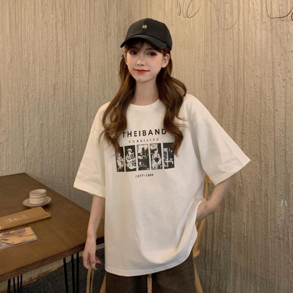 

women's t-shirt 2021 summer korean letter printed short-sleeved loose and thin white simple casual top