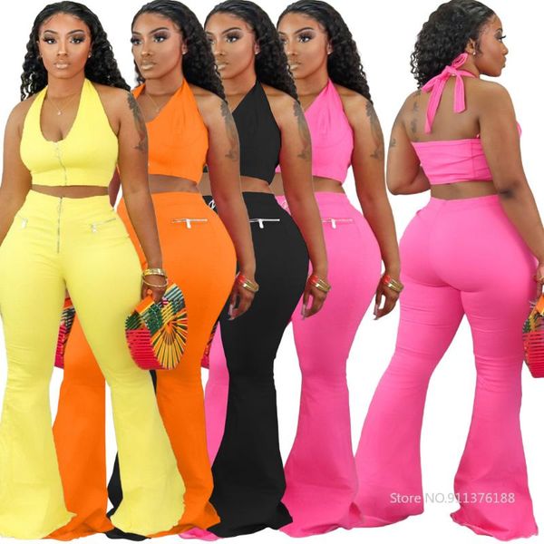 

women's two piece pants zipper up women tracksuit solid set tracksuits halter neck crop and flare bellbottom suit fitness outfits, White