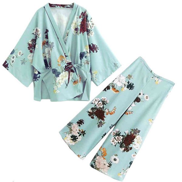 

women's two piece pants sets batwing sleeves floral coat and wide leg loose suit vintage retro jacket + print set 2pcs lnk6, White