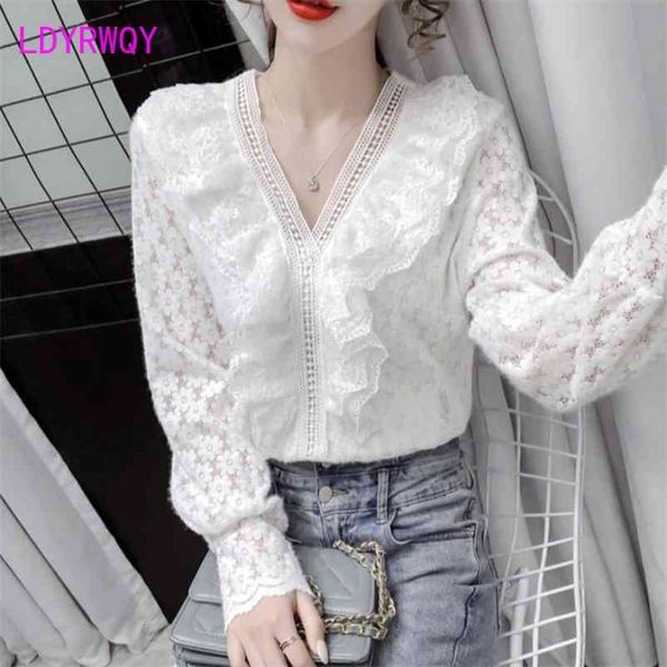 

ldyrwqy spring v collar lotus leaf side embroidered flower hollow lace bottoms regular office lady 210603, White