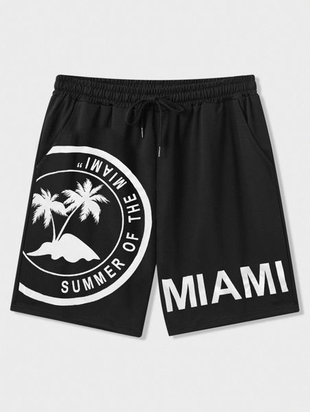 

men slogan & palm tree print drawstring waist shorts g9g7#, Black