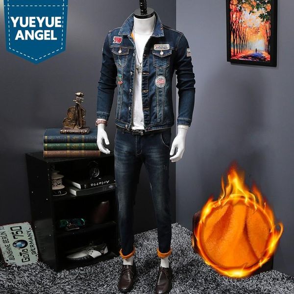 

men's tracksuits winter men denim velvet thick coat korean slim patchwork warm cowboy jackets biker trousers two piece set male s-3xl, Gray