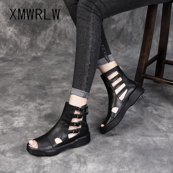 

women genuine leather summer boots fashion buckle ladies shoes 2021 comfortable ankle flat, Black