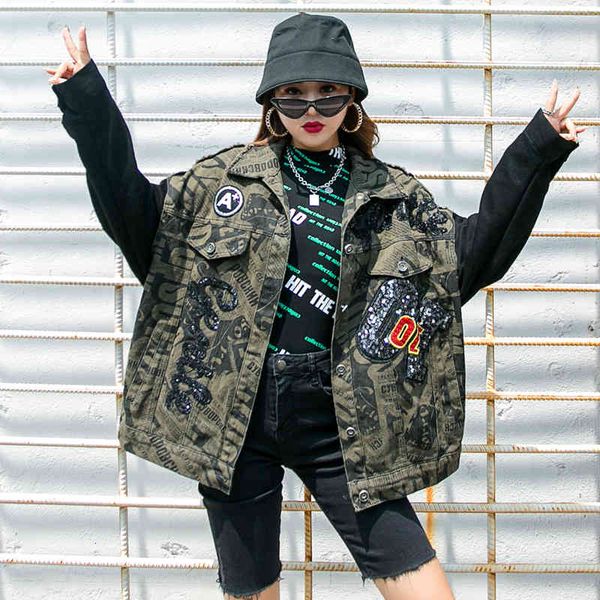 

thailand tide mark camouflage seam sequins denim woman's loose bf wind hip-hop beautiful casual jacket fall, Black;brown