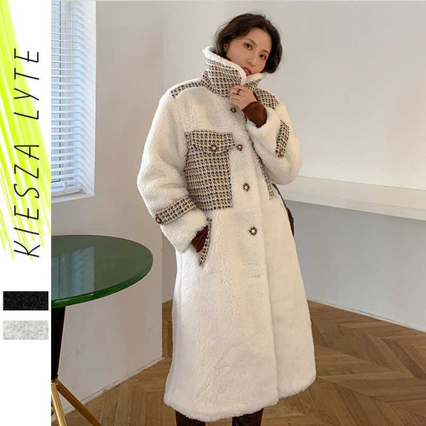 

women wool lamb fur coat elegant winter turn-down collar warm loose thick overcoat long jacket female good quality 210608, Black