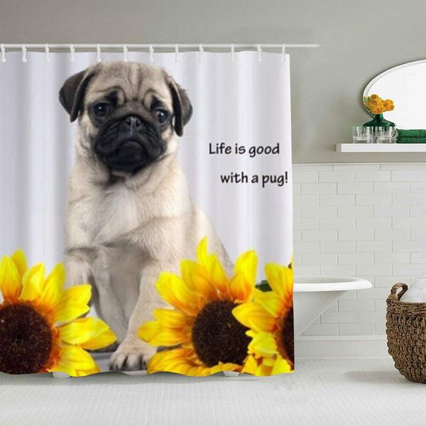 

shower curtain pug and sunflowers cute sad dog waterproof bath curtains hooks included -bathroom decorative ideas polyester