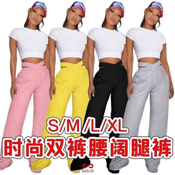 

gl6361 women's nightclub clothes fashion solid color double waist sports leisure wide leg pants, Black