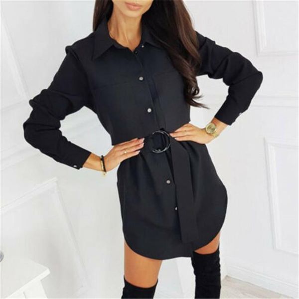 

casual dresses dress shirts blouse womens ladies long ol sleeve work belted uk, Black;gray