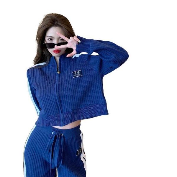 

women's two piece pants 2021 blue loose 2 sets knitted cardigan + wide leg soft lazy streetwear coat+knitted joggers, White