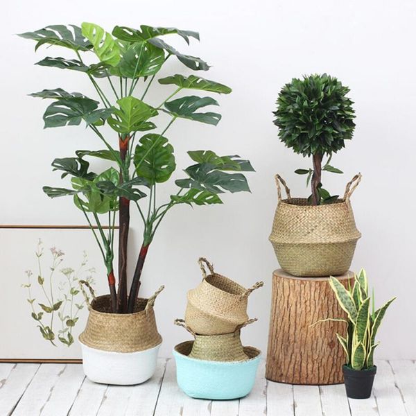 

straw woven laundry basket flowerpot dirty clothes folding with handle kids toys sundries storage container baskets