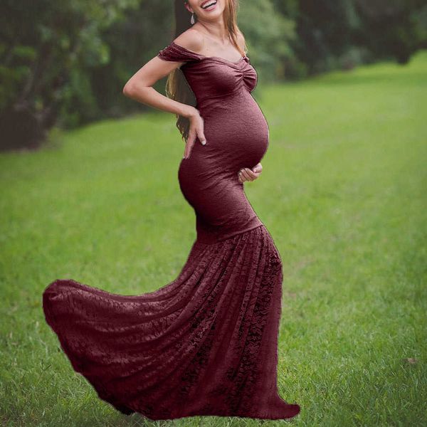 Vestidos de maternidad sexy Vestido largo de encaje con hombros descubiertos Volantes Vestido de embarazo Fotografía Prop Maxi vestido para mujer Ropa X0902