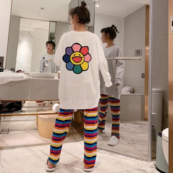 

long sleeve women's pajamas casual fashion pants set suit spring autumn cute cartoon printed home wear sleepwear, Black;red