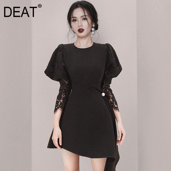 

deat women black patchwork asymmetrical lace high dress new round neck long sleeve slim fit fashion tide summer 7e0441 210428, Black;gray