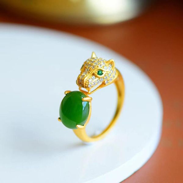 

natural hetian jasper cheetah egg noodle open ring unique ancient gold craftsmanship domineering brand silver jewelry cluster rings, Golden;silver