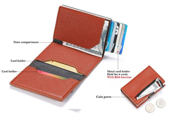 

card holders men anti rfid id holder wallet strong magnet coin purse with zipper&note compartment fit for bussiness mini cardcase, Brown;gray
