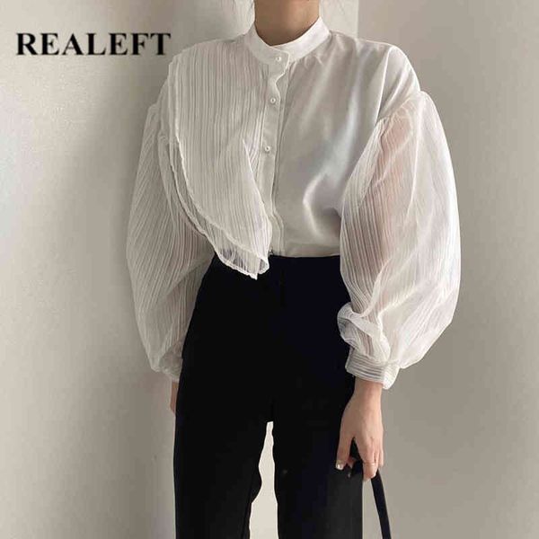 

elegant white women's blouse mesh patchwork puff sleeve stand collar shirts korean style spring summer 210428