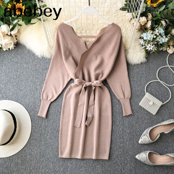 

autumn winter retro knitted dress women backless v neck bat sleeve elastic dress korean chic elegant sweater dress, Black;gray