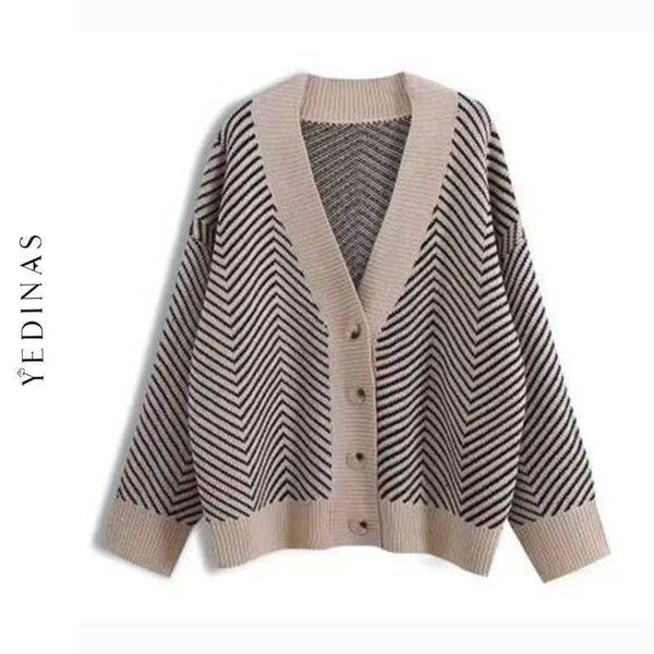 

yedinas vintage cardigan women korean style knitted coat patchwork sweater autumn winter chic 210527, White;black