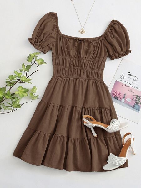 

tie neck ruched bust tiered dress x6ow#, Black;gray