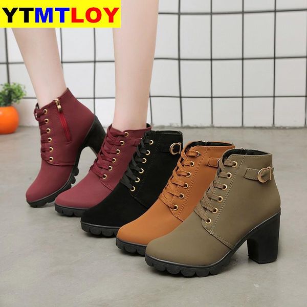 

ankle boots for women new elegant square heel shoes woman high solid vintage lace-up ladies winter platform boots high, Black