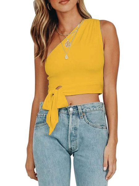 

women's t-shirt one shoulder bandage knot skew collar navel crop summer women pullover sleeveless female casual solid, White