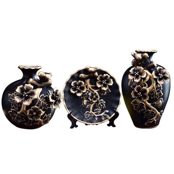 

vases 3d emboss painting ceramic vase dried flowers arrangement wobble plate living room entrance home decorations 3pcs/set r1847