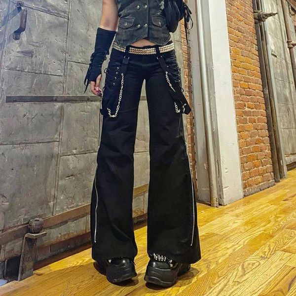 

women's jeans combhasaki lace up cargo pants goth black low waisted trousers vintage punk stylish sweatpants women wide legs korean, Blue