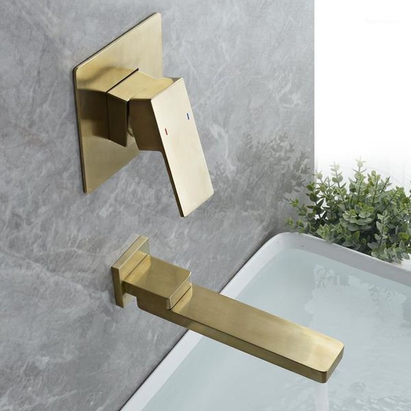 

beiluode brushed gold bathroom basin sink faucet wall mounted square chrome brass and cold water mixer tap am10171