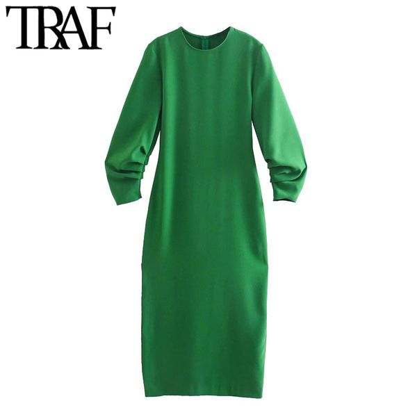 

traf women chic fashion with gathered detail green midi dress vintage long sleeve back zipper female dresses vestidos 210415, Black;gray
