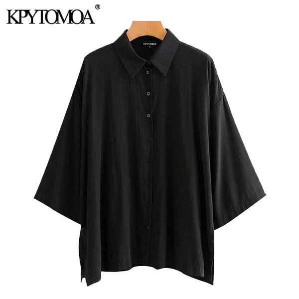 

women fashion oversized button-up cozy blouses vintage three quarter sleeve side vents female shirts chic 210416, White