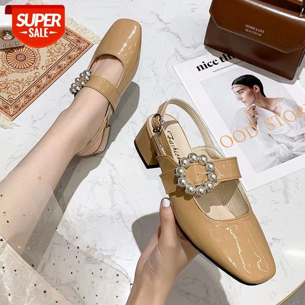 

2021 women elegant pearl buckle square heel sandals vintage toe leather sandalias woman fashion mary jane shoes ladies #ab3c, Black