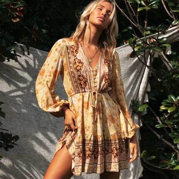 

inspired yellow floral women's long sleeve summer dress v-neck drawstring waist dress casual chic holiday dress female 210412, Black;gray