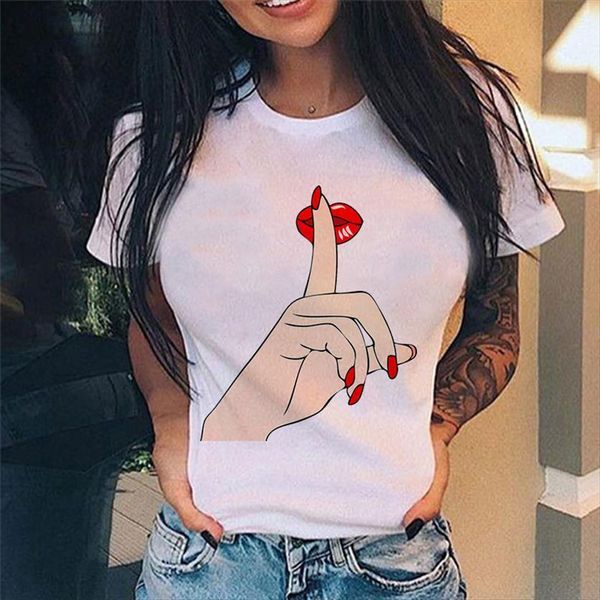 

style summer finger graphics printed womens casual white round neck simple female