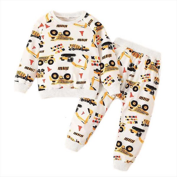 

little boy and girl car print clothes set 2 piece baby long sleeve crew neck pants suits, White