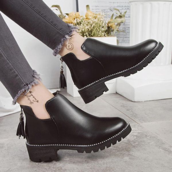 

boots women round toe stitching pu leather slip-on ankle bare flat square heel casual short booties botas mujer, Black