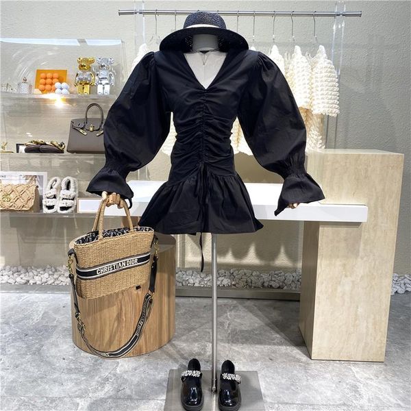 

casual dresses brand original design pleated dress 2021 ruffle v-neck bubble sleeve waist slim a-line, Black;gray